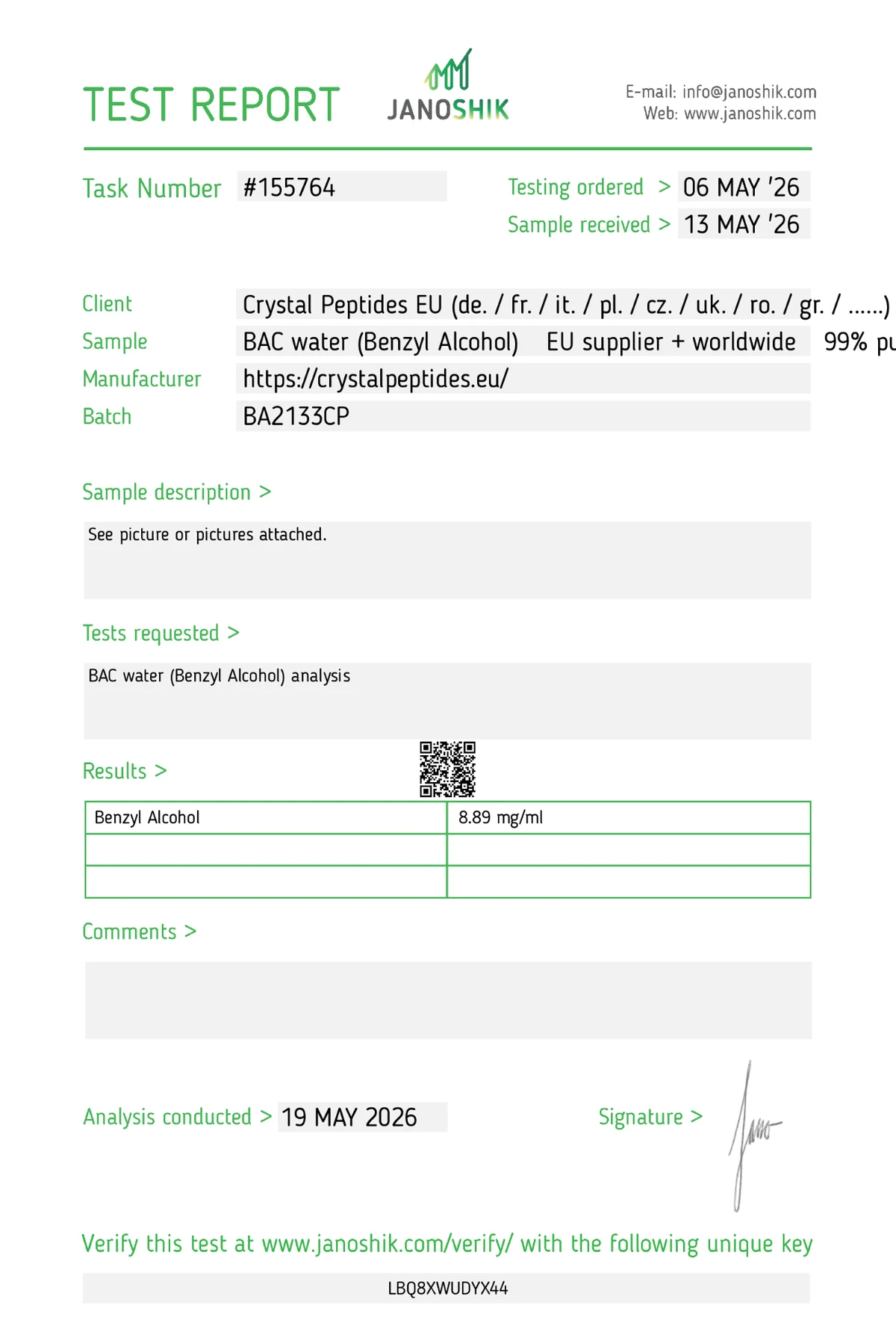 BAC Water 10ml (Lab Test)