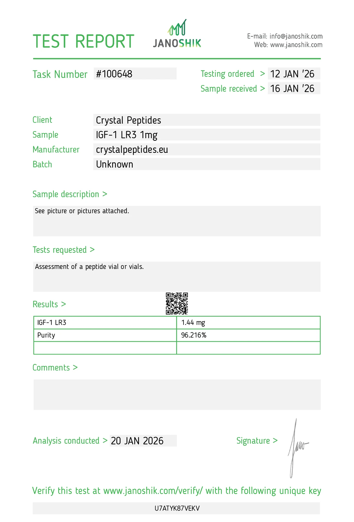 IGF-1 LR3 1mg (Purity & Identity)
